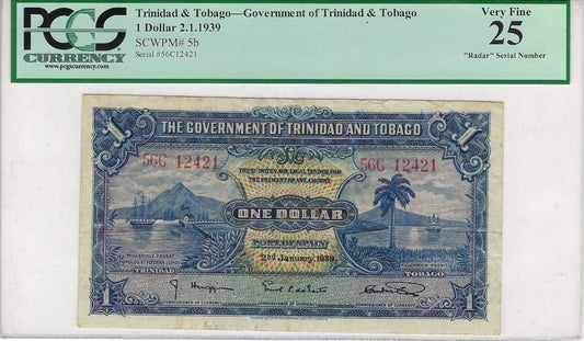 TRINIDAD AND TOBAGO 01.02.1939 $1,PCGS 25VF,P-5b Fancy SN Trinary and Radar 12421.TR1A