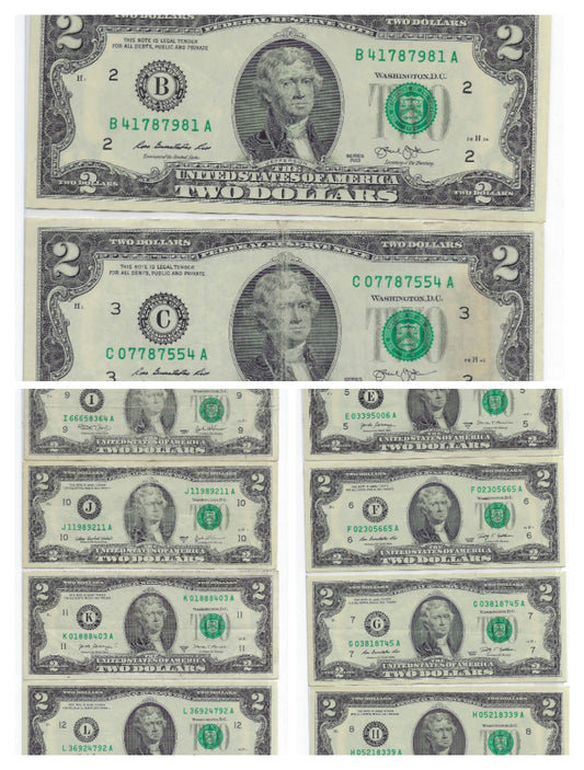 US$2 dollars bill x12 Different Districts in a good Grade.V22