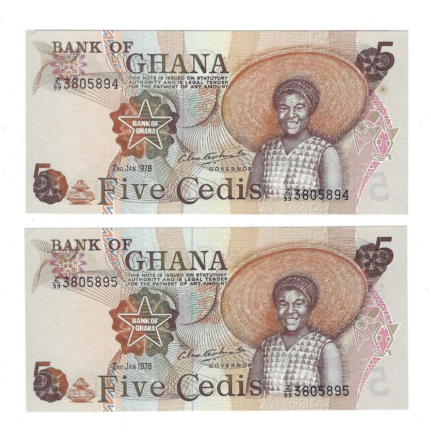 Ghana 5 Cedis 1972 REPLACEMENT Identified by Z/99 prefix UNC x2 consecutive.RG7