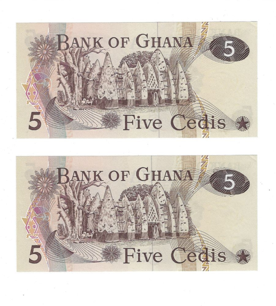 Ghana 5 Cedis 1972 REPLACEMENT Identified by Z/99 prefix UNC x2 consecutive.RG7