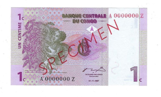 Congo 1 centime 1.11.97 Replacement Note Identified by Z suffix(SPECIMEN).RC2