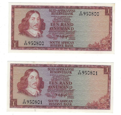 South Africa 1 Rand, ND(1973-1975), P-116, (REPLACEMENT NOTE) Mehilba RB13 UNC x2 consecutive.RS3          