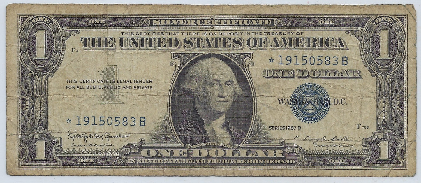 US$ 1 Silver Certificate 1957B Star Note *Replacement * F to VF Fancy SN 1915. (57A)