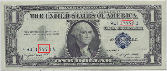 US$1 Silver Certificate 1957A Star Note *Replacement * XF Fancy SN Lucky 777. (57B)