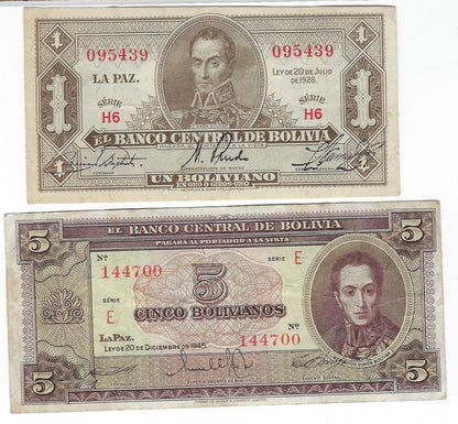 Bolivia 4 Different Notes From 1928 And Forward VG- XF.(BO1z)