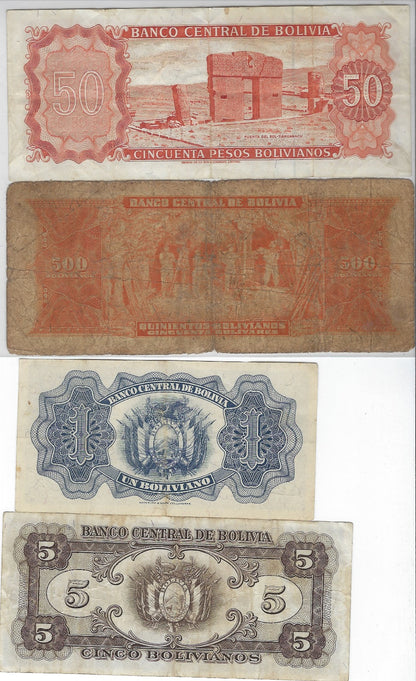 Bolivia 4 Different Notes From 1928 And Forward VG- XF.(BO1z)