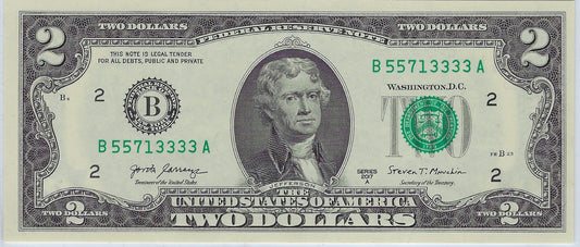 US$2  FRN Fancy SN 55 71 3333  New York 2B  UNC Minor Error Shift.(R1N)