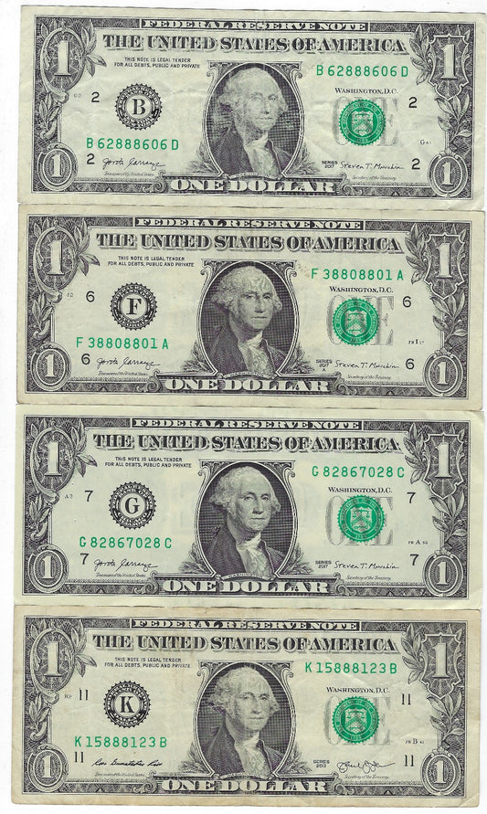 US$1 FRN Fancy SN 8  x 4 Different Districts  Average VF .( R1R)