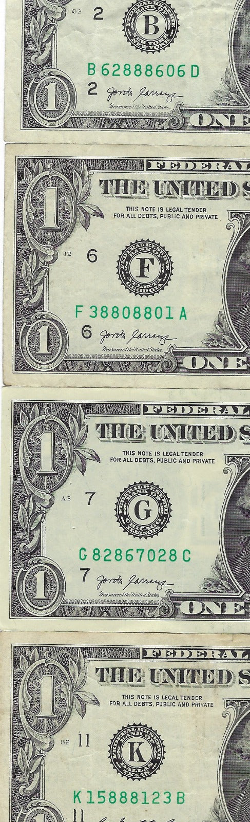 US$1 FRN Fancy SN 8  x 4 Different Districts  Average VF .( R1R)