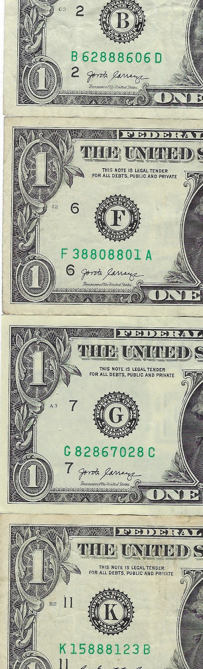 US$1 FRN Fancy SN 8  x 4 Different Districts  Average VF .( R1R)