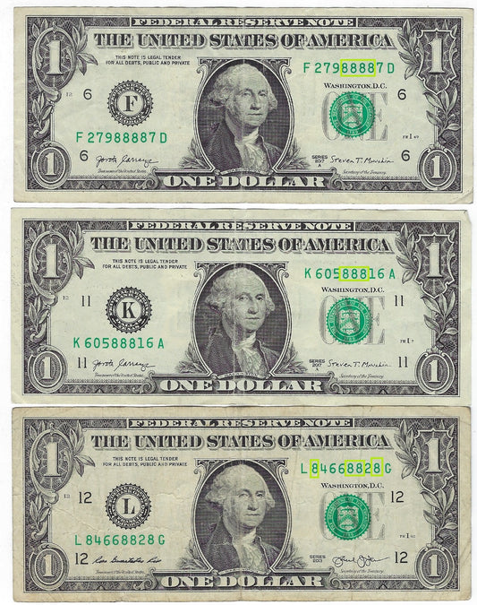 US$1  FRN Fancy SN 8  x 3 Different Districts  Average VF.(R1T)