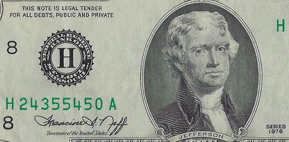 US$2 dollars bill RARE Series 1976 St. Louis 8 H High Grade SN 24355450 Error Shift Up.(V1)