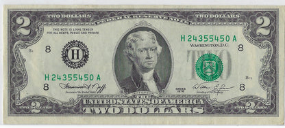 US$2 dollars bill RARE Series 1976 St. Louis 8 H High Grade SN 24355450 Error Shift Up.(V1)