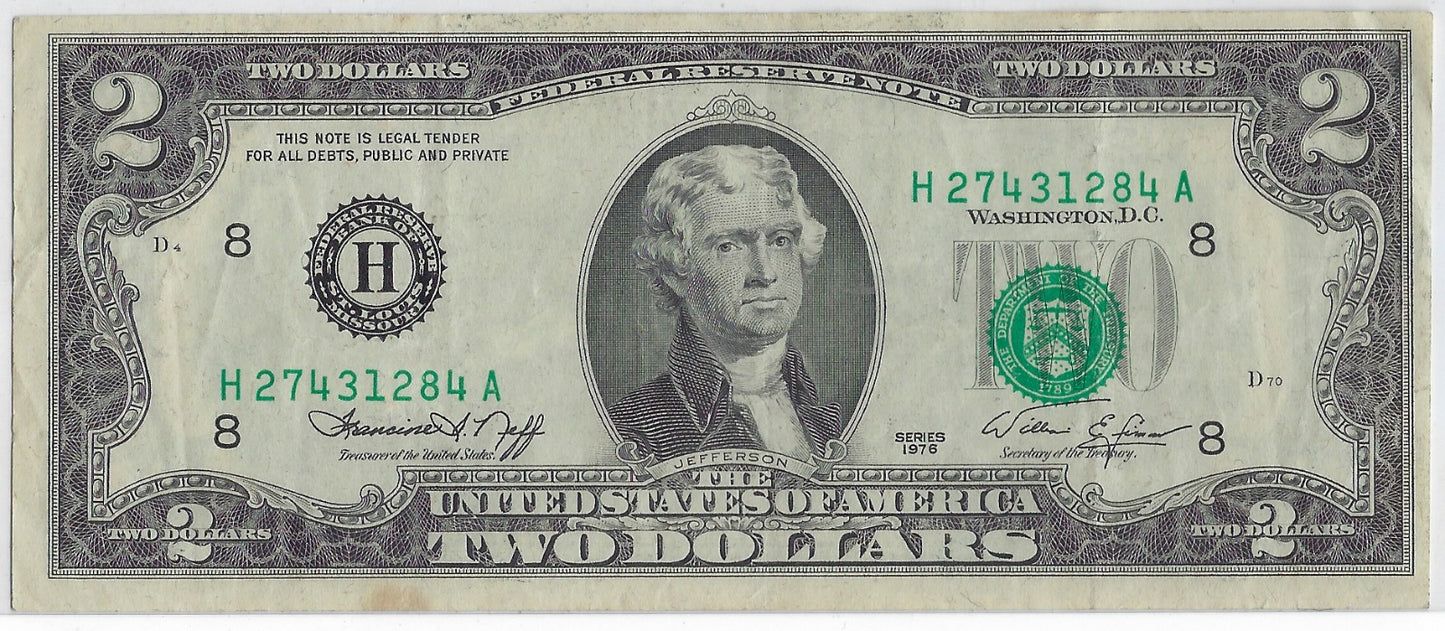 US$2 Dollars Bill RARE Series 1976 St. Louis 8 H High Grade Error Shift Up & right.V2
