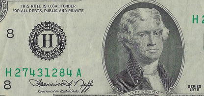 US$2 Dollars Bill RARE Series 1976 St. Louis 8 H High Grade Error Shift Up & right.V2