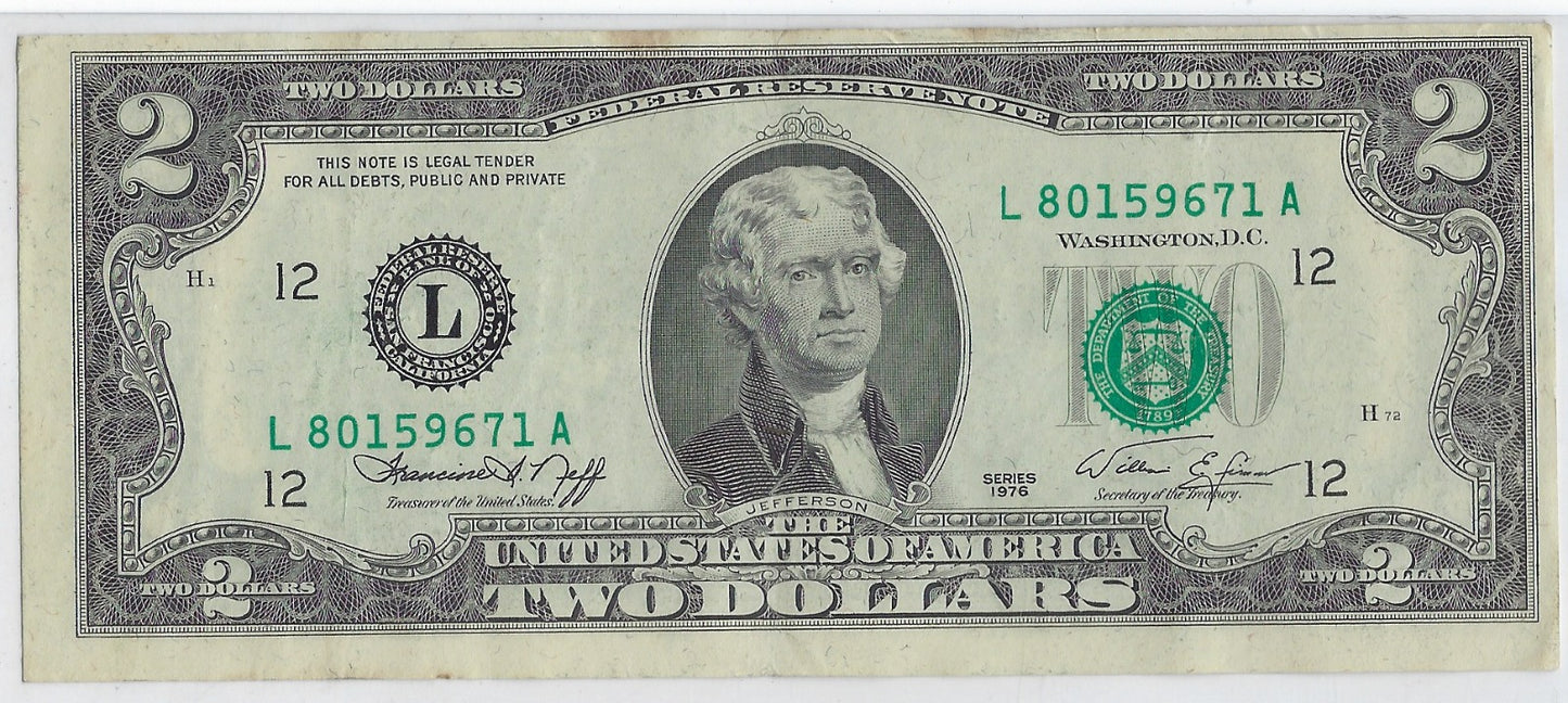 US$2 Dollars Bill RARE Series 1976 San Francisco 12L High Grade SN 80159671 Error Shift Up & Right.(V6)