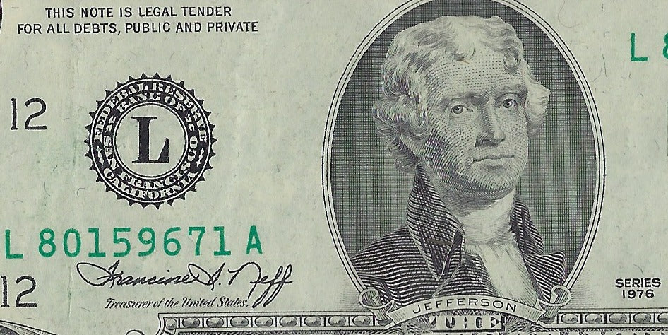 US$2 Dollars Bill RARE Series 1976 San Francisco 12L High Grade SN 80159671 Error Shift Up & Right.(V6)