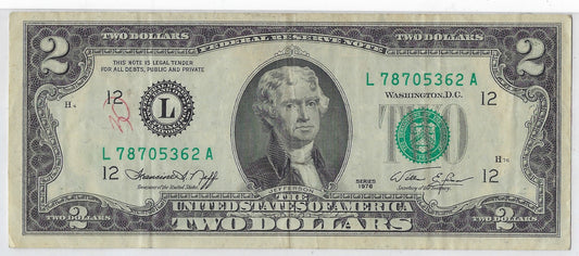 US$2 dollars bill RARE Series 1976 San Francisco 12L High Grade SN 78705362 Error Shift Up & Right .V7