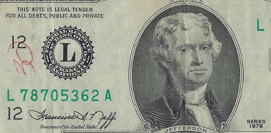 US$2 dollars bill RARE Series 1976 San Francisco 12L High Grade SN 78705362 Error Shift Up & Right .V7