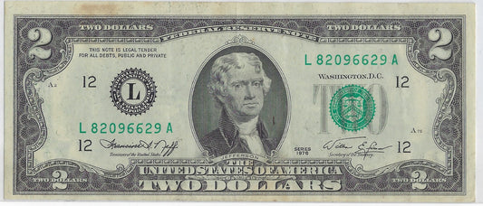 US$2 dollars bill RARE Series 1976 San Francisco  12L High Grade SN 82096629 Error Shift Down & left.V8