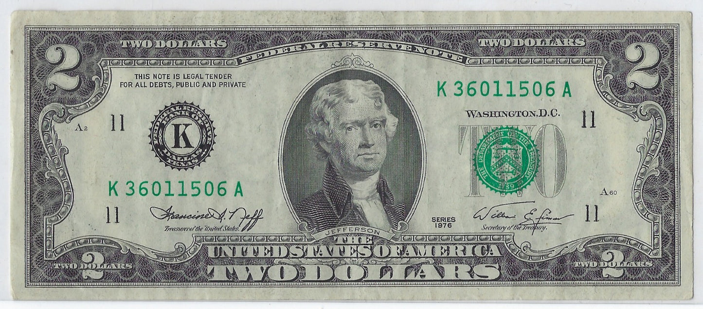 US$2 Dollars Bill RARE Series 1976 Dallas 11 K High Grade SN 36011506 .(V9)