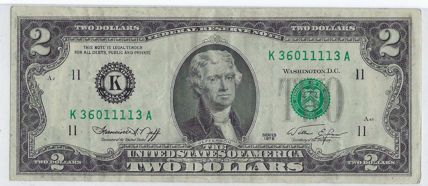 US$2 Dollars Bill RARE Series 1976 Dallas 11 K High Grade Fancy SN 36011113 .(V10)