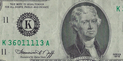 US$2 Dollars Bill RARE Series 1976 Dallas 11 K High Grade Fancy SN 36011113 .(V10)