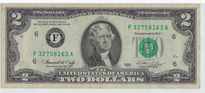 US$2 Dollars Bill RARE Series 1976 Atlanta 6F In A Good Grade SN 32758163 .(V13)