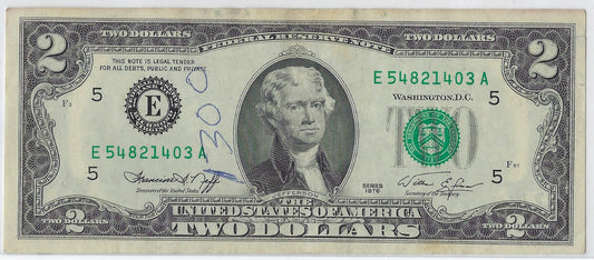 US$2 Dollars Bill RARE Series 1976 Richmond 5E In A Good Grade SN 54821403 .(V14)