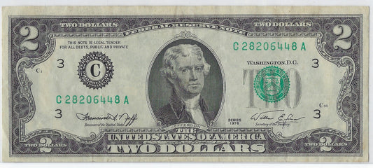 US$2 Dollars Bill RARE Series 1976 Philadelphia 3CA In A Good Grade SN 28206448 .V15