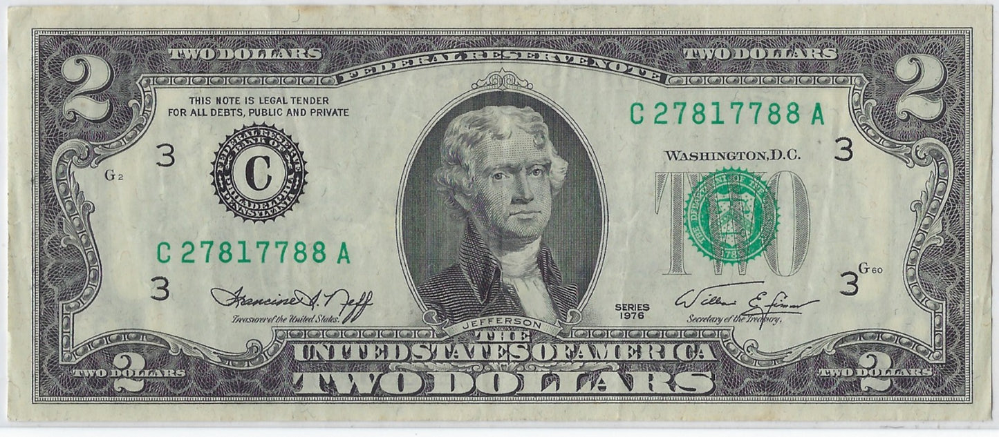 US$2 Dollars Bill RARE Series 1976 Philadelphia 3CA in A Good Grade Fancy SN 2781 7788 .(V16)