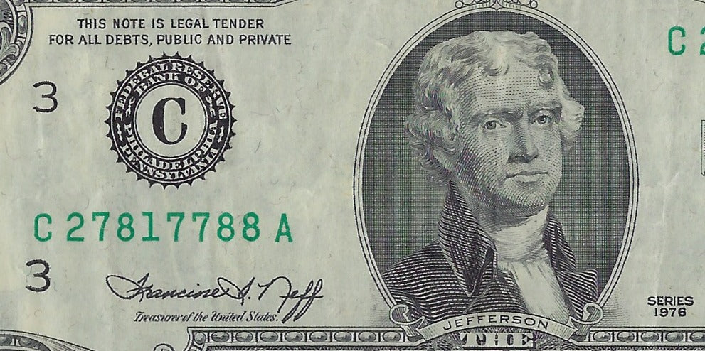 US$2 Dollars Bill RARE Series 1976 Philadelphia 3CA in A Good Grade Fancy SN 2781 7788 .(V16)