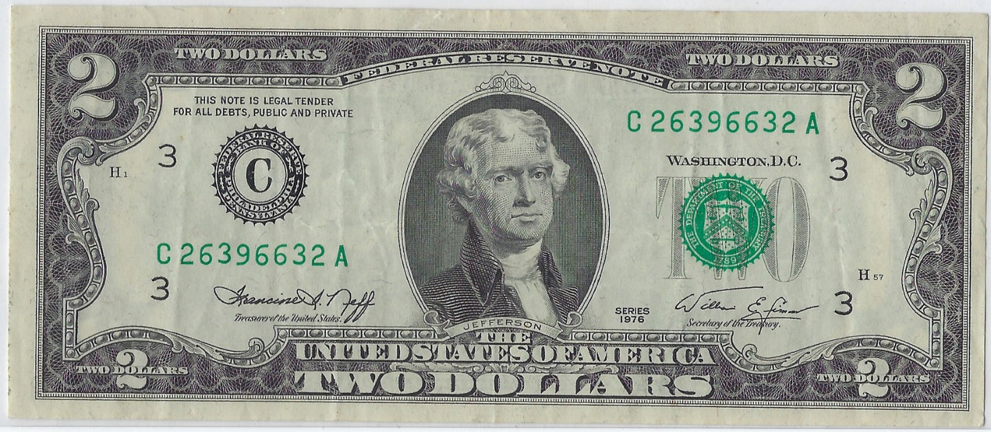 US$2 Dollars Bill RARE Series 1976 Philadelphia 3C In A Good Grade SN 26396632 .(V17)