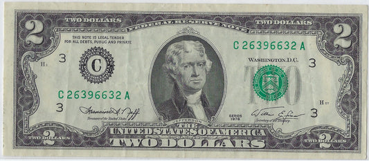 US$2 Dollars Bill RARE Series 1976 Philadelphia 3C In A Good Grade SN 26396632 .(V17)