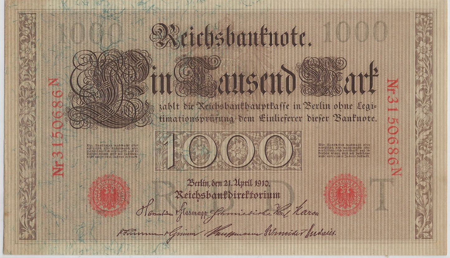 Germany 1000 Dm ( 21 April 1910 ) UNC .MG1