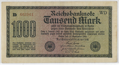 Germany 1000 Dm ( 15 September 1922 aUNC .MG2