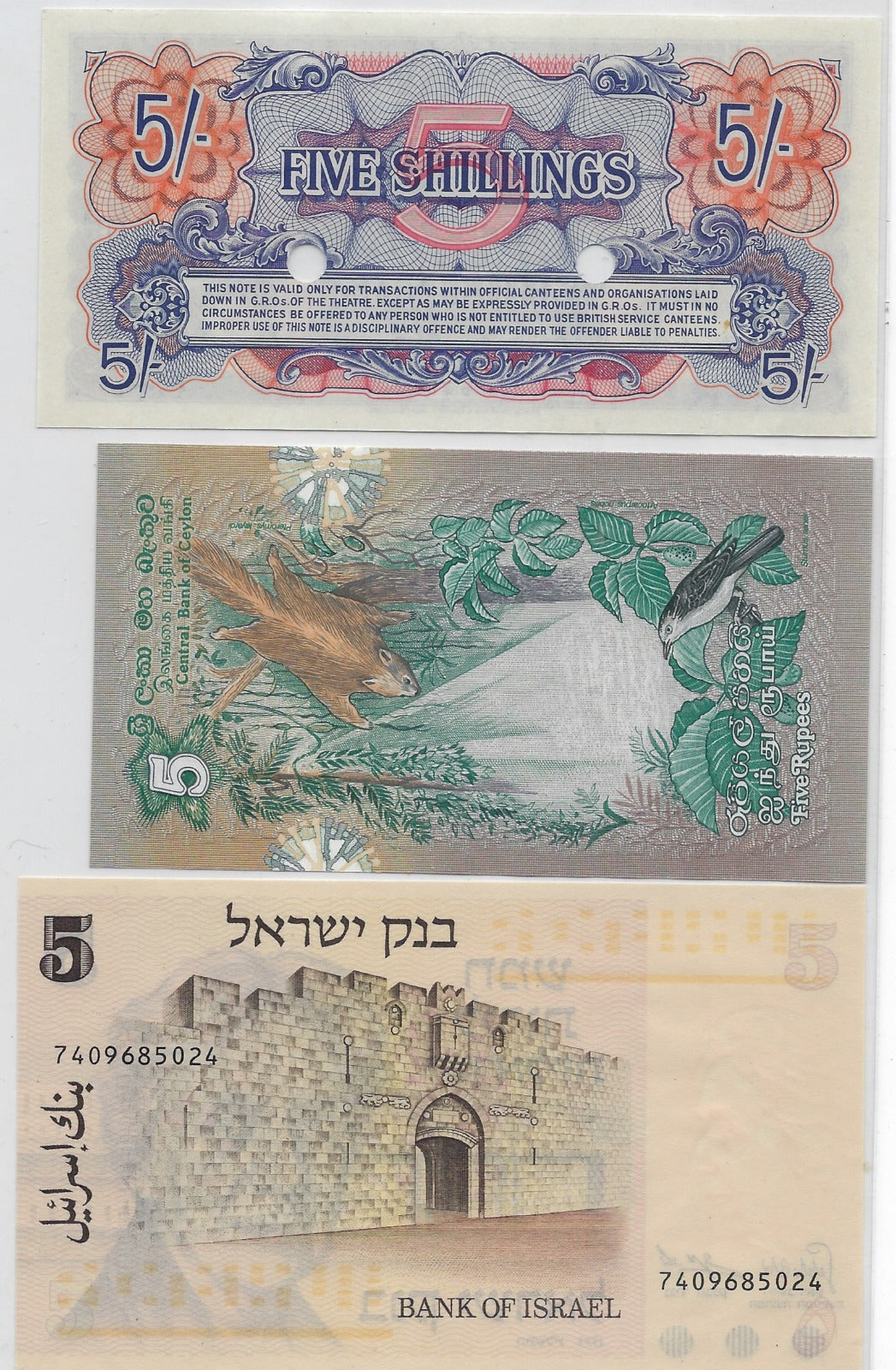 Collection of 3 Notes of Britain WWII , Cylon & Israel all UNC .MG3