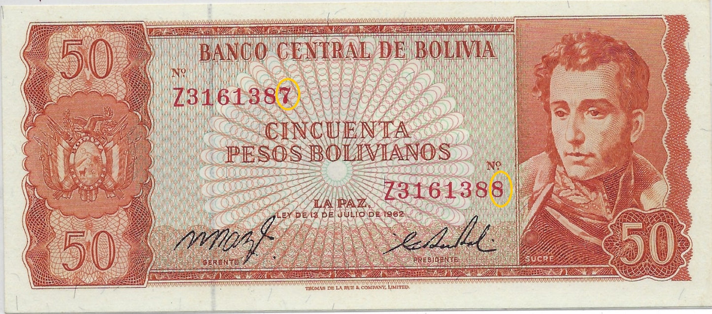 1962 Bolivia 50 Pesos REPLACEMENT Note Identifier Z Mehilba MWR RF2 , Fancy Number Error Mismatched SN,Single Radar On Left Z 31613 88 & Z Z 31613 87 High Grade .FN22