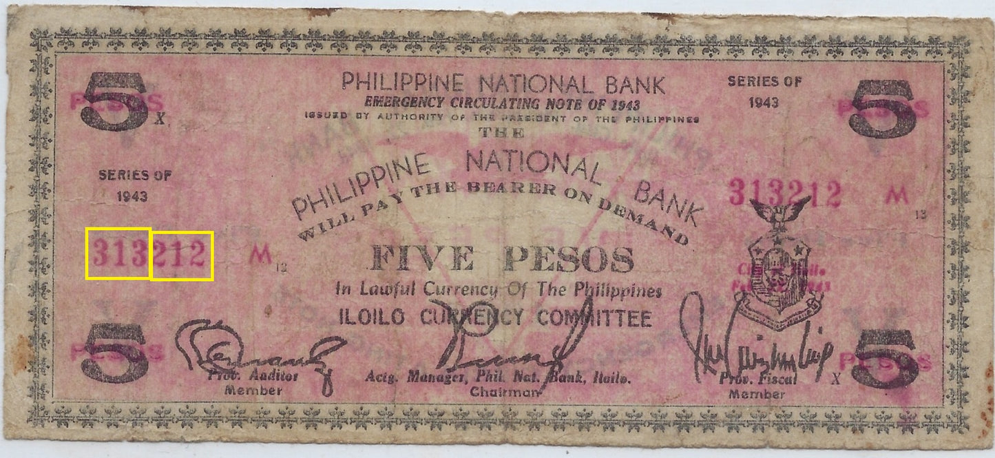 Rare Philippines 5 Pesos 1943 WWII Fancy SN Double Radar 313 212 .FN6