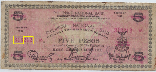 Rare Philippines 5 Pesos 1943 WWII Fancy SN Double Radar 313 212 .FN6