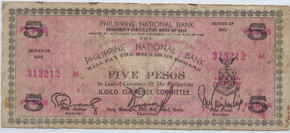 Rare Philippines 5 Pesos 1943 WWII Fancy SN Double Radar 313 212 .FN6