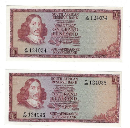 South Africa 1 Rand, ND(1973-1975), P-115, (REPLACEMENT NOTE) Mehilba RB14 UNC x 2 consecutive .RS1