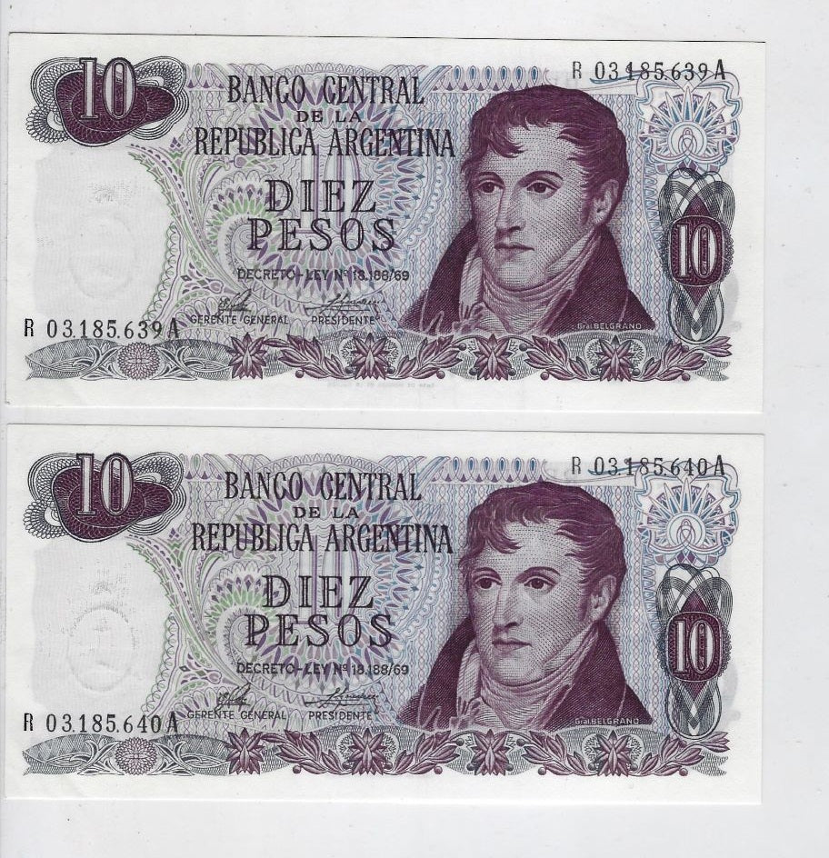 ARGENTINA 10 PESOS ND (1974-75) P-295 REPLACEMENT Prefix R Mehilba RD19 aUNC x 2 consecutive.RA1