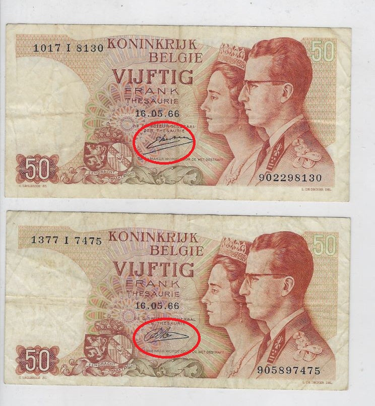 Belgium 50 Francs 1966 REPLACEMENT Prefix I Mehilba RB2,3 F-VF x 2 Different Signature .RB2