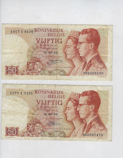 Belgium 50 Francs 1966 REPLACEMENT Prefix I Mehilba RB2,3 F-VF x 2 Different Signature .RB2