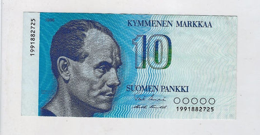 Finland 10 Markka 1986 Serial 19 Replacement XF P113. RF1