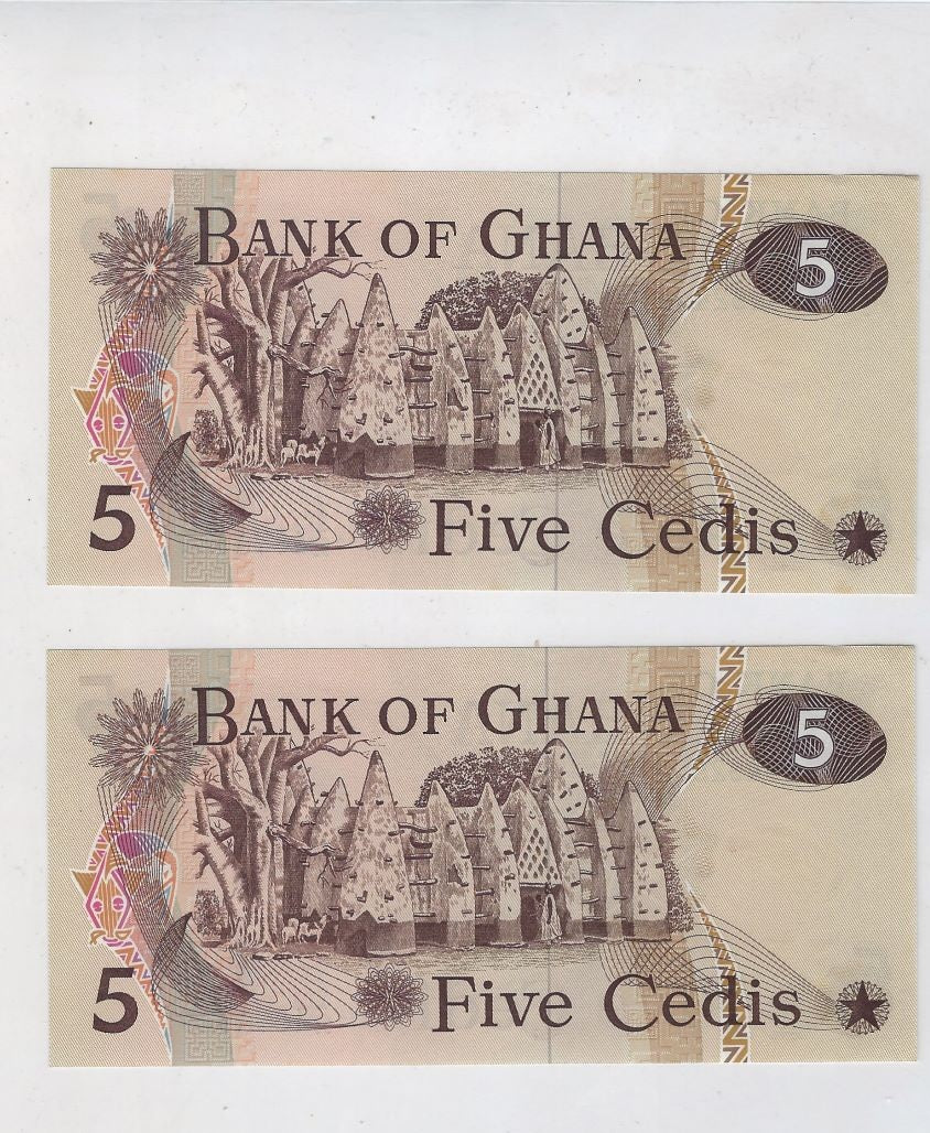 Ghana p-15b, 5 Cedis,1977 , REPLACEMENT Prefix Z/99 Mehilba RC2d UNC x 2 consecutive.RG2
