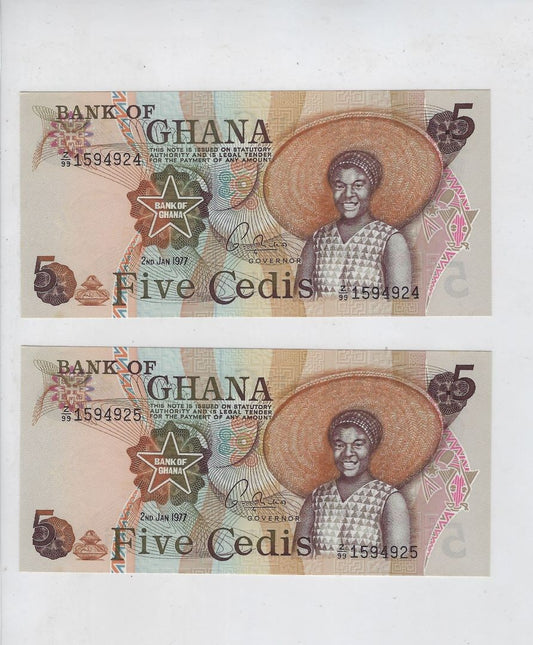 Ghana p-15b, 5 Cedis,1977 , REPLACEMENT Prefix Z/99 Mehilba RC2d UNC x 2 consecutive.RG2