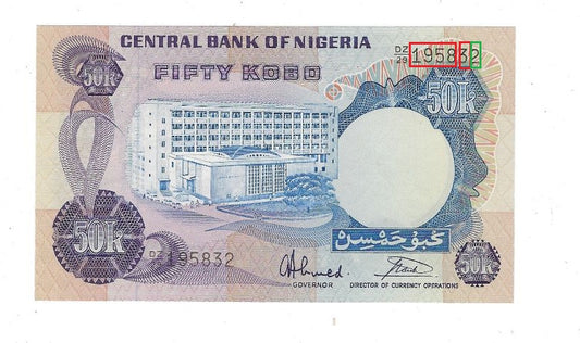 Nigeria 50 Kobo REPLACEMENT Prefix DZ Fancy SN Date 1958 3 2 UNC .FN23