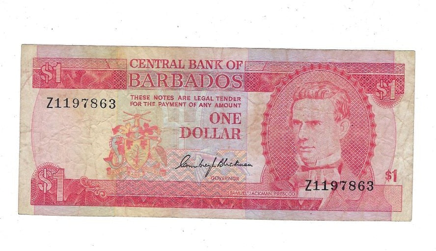 Barbados Island 1 Dollar Banknote "Replacement" 1973 Uncirculated Cond, P#29-A VF.RB7